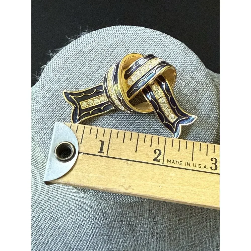 Vintage Joan Rivers Brooch Pin Knot Gold Tone Black Enamel Rhinestone Statement